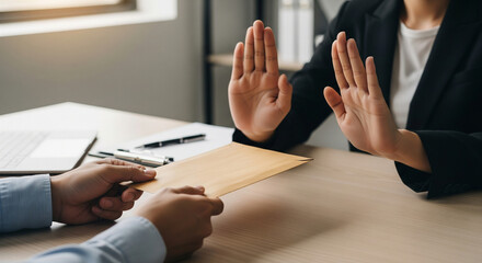 Person refusing to accept a bribe with raised hands, signaling honesty and integrity in business.