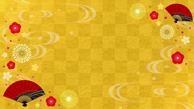 和柄　ループ動画　市松模様　文様　枠　和　年賀　正月　お歳暮　初売り　和風　和モダン　縁起物　豪華　高級感　飾り　和紙　扇子　梅の花　菊　扇　Japanese pattern.Celebration background.Loop video.