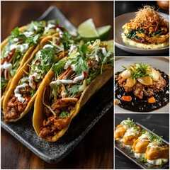 Modern Fusion Cuisine with Indian, Korean, and Italian Influences on a Plate, collage of delicious food