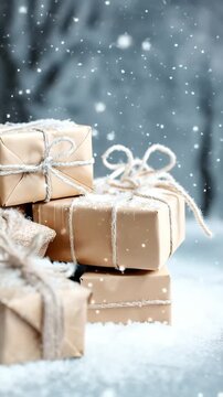 Stacked holiday gifts with kraft paper and twine under a gentle snowfall, vertical