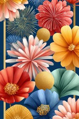 Vibrant floral bouquet against dark blue backdrop with fireworks and gold frame for New Year celebration