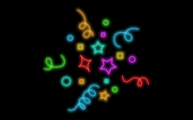 Vibrant neon glow party elements and shapes in a dynamic festive arrangement on black background. Neon confetti elements with stars and ribbons symbol. vector illustration.