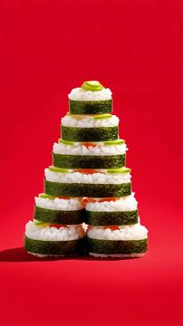 Sushi rolls stacked, forming a festive holiday tree with cucumber and roe against a red background, vertical