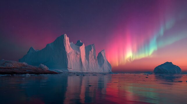 Vibrant aurora borealis display over majestic icebergs in serene water. - Powered by Adobe