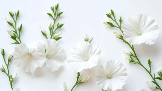 White bell-shaped flowers and buds with green stems arranged on a clean background