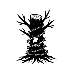 Obraz premium Barbed Wire Tree Icon. Minimalist black and white vector symbolizing environmental exploitation and ecological damage due to war and armed conflict. A tree is restricted by barbed wire