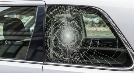 Obraz premium Shattered car window with spiderweb crack pattern after impact, symbolizing vandalism or accident.