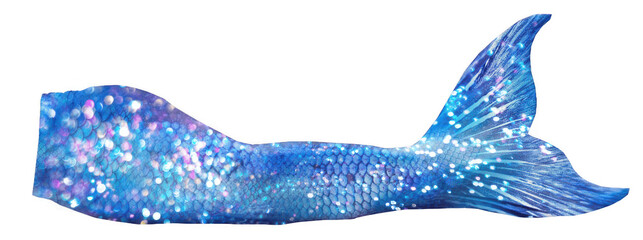 Sparkling sapphire blue mermaid tail with shimmering scales and bright highlights, magical underwater fin illustration perfect for ocean fantasy themes, party decor, crafts and digital art

