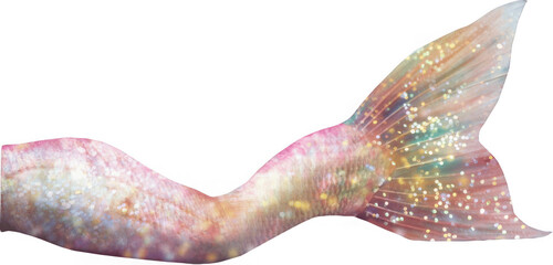 Soft pastel pink mermaid tail with golden iridescent sparkles and gentle flowing fin, romantic watercolor ocean fantasy artwork for weddings, birthdays, nursery decor and crafts

