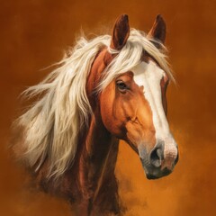 Obraz premium Majestic brown horse portrait with flowing white mane against a warm orange background