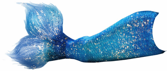 Bold cobalt blue mermaid tail with flowing fin and bright golden glitter, dynamic underwater fantasy illustration ideal for posters, character design, party decor and digital artwork

