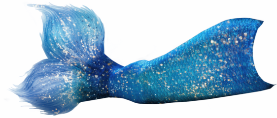 Bold cobalt blue mermaid tail with flowing fin and bright golden glitter, dynamic underwater fantasy illustration ideal for posters, character design, party decor and digital artwork

