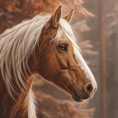 Obraz premium Portrait of a brown horse with a white mane against a warm autumn background