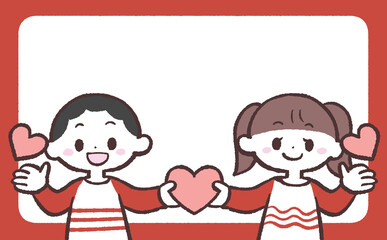 子供達がハートを持つ赤いフレームイラスト