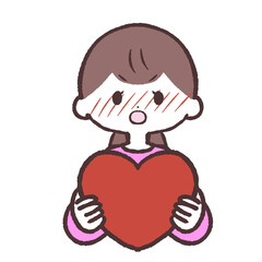 ハートを持って赤面する女性のイラスト