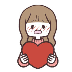 ハートを持って赤面する女の子のイラスト