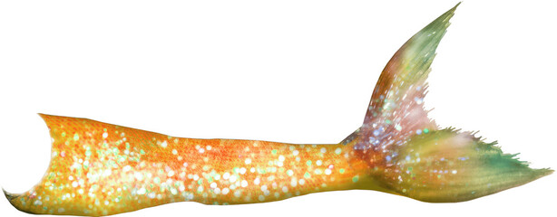 Glowing golden orange mermaid tail with green shimmer and sparkling scales, sunny tropical ocean fantasy fin illustration ideal for summer party themes, decor, crafts and digital designs

