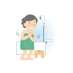 寒い浴室で震えるシニア女性のイラスト｜冬の入浴事故対策