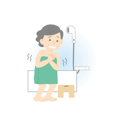 寒い浴室で震えるシニア女性のイラスト｜冬の入浴事故対策