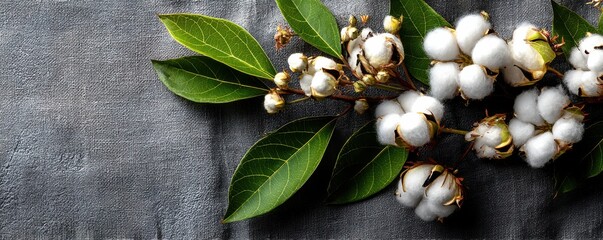 Flat lay of white cotton bolls with green leaves on grey fabric background