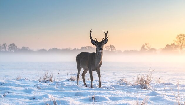 Majestic Deer Stands in a Serene Snowy Field at Foggy Sunrise