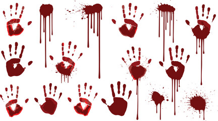 Bloody Handprints and Blood Splatter Set Isolated on White Background for Horror, Crime Scene and Halloween Graphic Design © VectoBloom