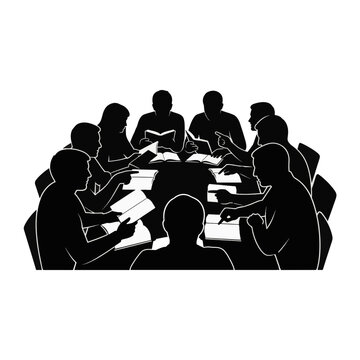 Bible study group silhouette illustration. People sitting around a table reading books and discussing. Black vector icon isolated on transparent background