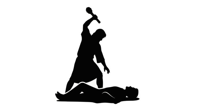 Silhouette illustration of Cain killing Abel. Biblical scene of the first murder. Black vector graphic isolated on transparent background
