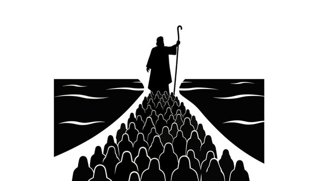 Silhouette illustration of the biblical Exodus. Moses parting the Red Sea and leading the Israelites. Religious vector graphic