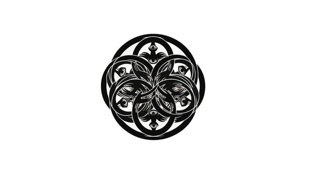 Ezekiel's wheel ophanim angel symbol. Intricate black and white line art with eyes. Mystical biblical vision vector illustration