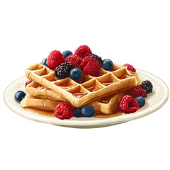 Stacked Waffles with Mixed Berries and Syrup isolated on a transparent background