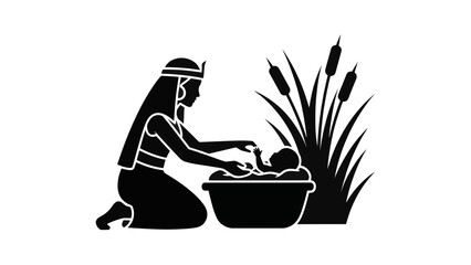Moses in the basket silhouette vector illustration. Pharaoh's daughter finding baby among reeds. Biblical story icon graphic isolated on transparent background