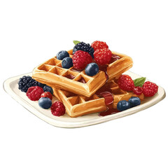 Stacked Waffles with Berries and Syrup isolated on a transparent background 1