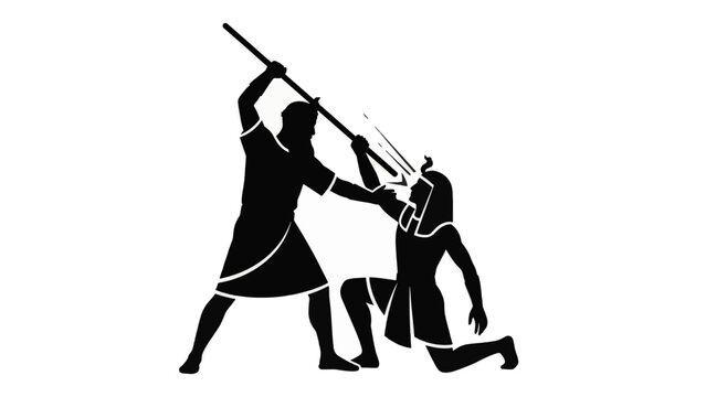 Moses striking Egyptian pharaoh silhouette. Biblical ancient history vector illustration. Conflict and justice concept