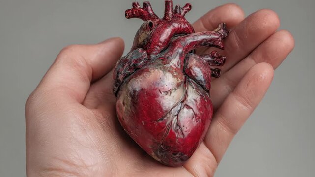 Model of human heart held in hand showing anatomical details in classroom setting