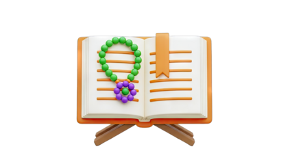 3D Rendered Open Book with Prayer Beads on White Background