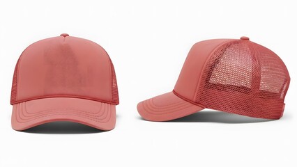 pink color trucker cap mockup, front and side view, and white clear background
