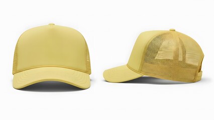 yellow pastel color trucker cap mockup, front and side view with white background