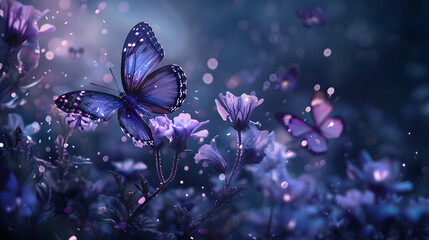 A fantastical landscape of purple butterflies flying among purple flowers