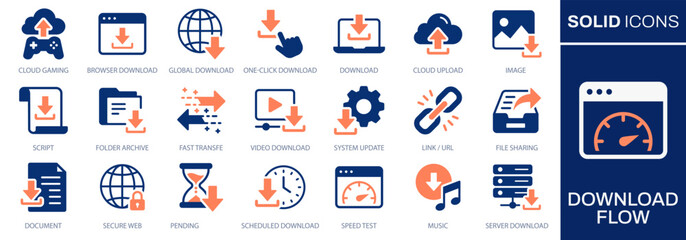 Download flow icons illustrating throughput, media retrieval, cloud interaction and system operations.