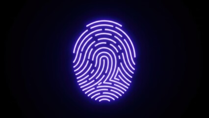 Glowing purple neon fingerprint on dark background: digital identity and security concept