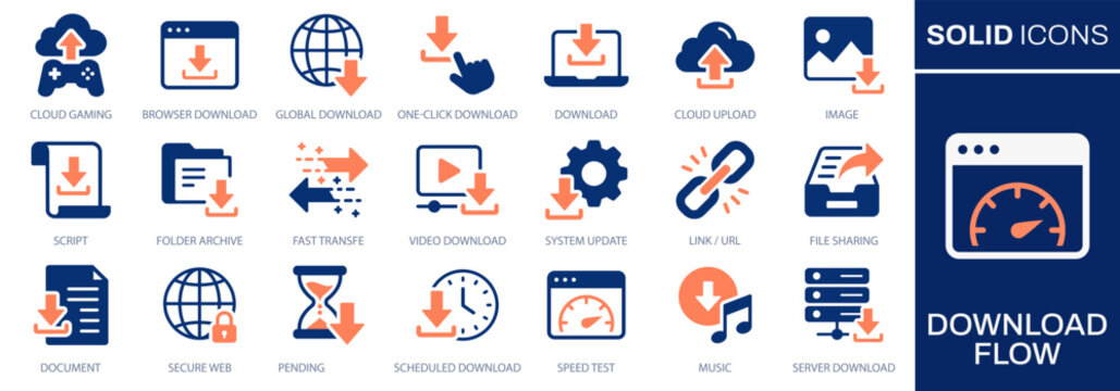Download flow icons illustrating throughput, media retrieval, cloud interaction and system operations.