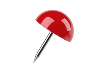Red thumbtack with shiny metal point on transparent background