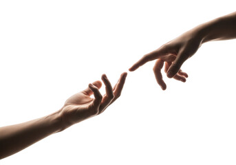 Reaching out for connection and support with fingertips almost touching on transparent background