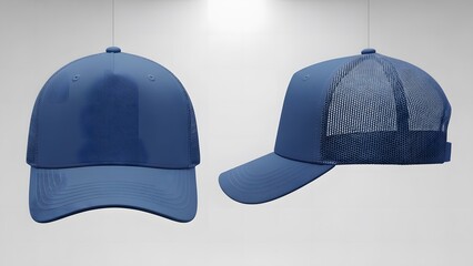 blue color trucker cap mockup, front and side view and hanging studio photos
