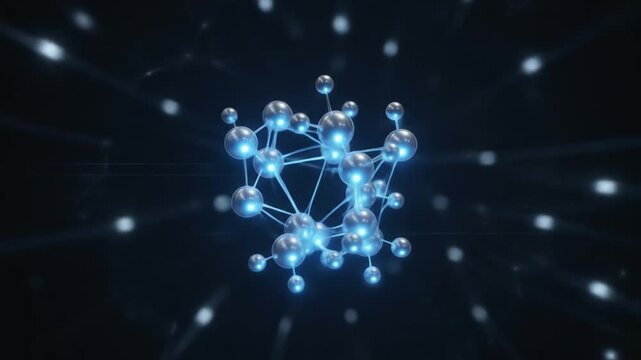 Scientific visualization of zinc molecules, atomic bonds, glowing in a soft, calming blue, against a dark, mysterious scientific background, adorned with subtle futurism. 4k video