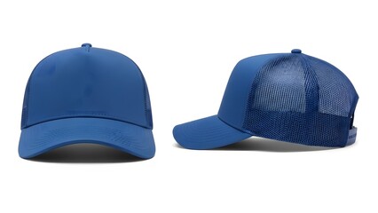 blue color trucker cap mockup, front and side view, isolated on white background