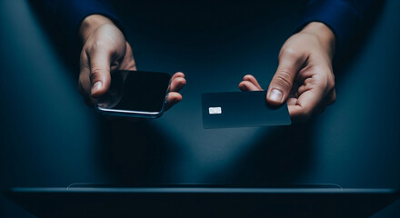 Hands holding a credit card and a smartphone, preparing for contactless payment.