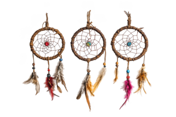 Colorful handmade dreamcatchers with feathers and beads on transparent background