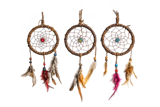 Colorful handmade dreamcatchers with feathers and beads on transparent background - Powered by Adobe